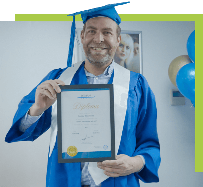Andrew MacDonald beaming with pride at his Pitman Training Newcastle graduation ceremony, wearing traditional cap and gown